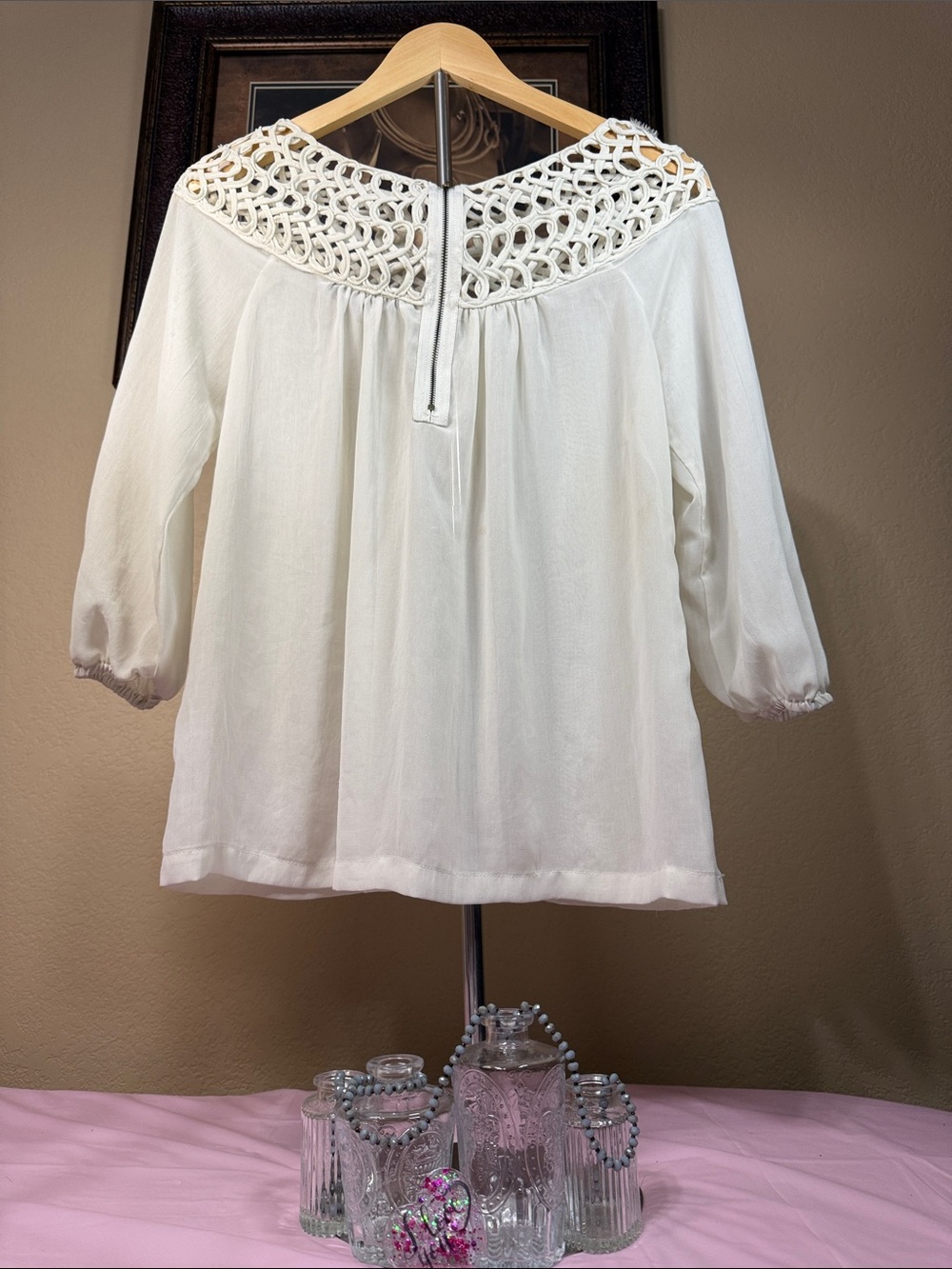 Umgee Cream Crochet Yoke Peasant Blouse